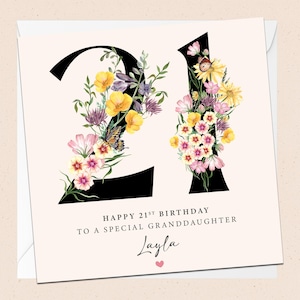 Cartão personalizado de 21º aniversário para neta - 21º aniversário - Neta - Aniversário - Nome personalizado - Vigésimo primeiro aniversário - Floral