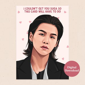 Cartão de felicitações SUGA (Yoongi) do BTS para impressão - Download digital - Cartão de aniversário K-Pop - Download instantâneo - Cartão de Natal