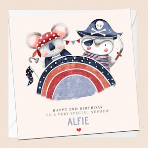 Biglietto di auguri personalizzato per il secondo compleanno del nipote - Neonato - Nipote speciale - Pirata - Animali carini - Secondo compleanno - Pirati - Nome personalizzato - Nipote