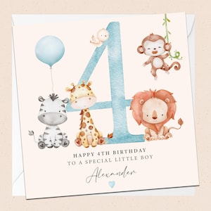 Personalisierte 4.Geburtstagskarte - Baby - Sohn - Neffe - Enkel - Neues Baby - Süße Tiere - Vierter Geburtstag - 4.Geburtstagskarte