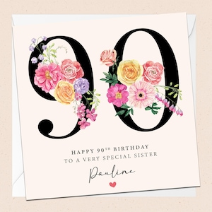 Tarjeta personalizada para el 90.º cumpleaños de tu hermana - 90.º cumpleaños - Cumpleaños de hermana - Nombre personalizado - Hermana especial - Hermana en su nonagésimo cumpleaños