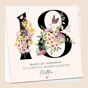 Carte personnalisée 18e anniversaire de petite-fille - 18e anniversaire - petite fille - anniversaire - nom personnalisé - quatre-vingtième anniversaire - floral