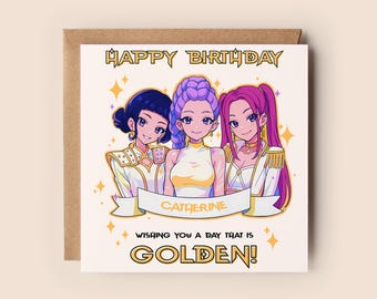 Carte de voeux Huntrix - chasseurs de démons K-Pop - carte d&#39;anniversaire Huntrix - Rumi - Mira - Zoey - personnalisé - nom personnalisé - doré - Kpop