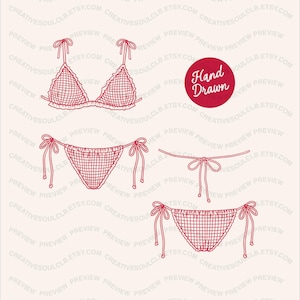 May include: Hand-drawn red lingerie set, including a bra and multiple styles of bottoms, with tie details. The set is illustrated with a grid pattern and the words "Hand Drawn" in a red circle.