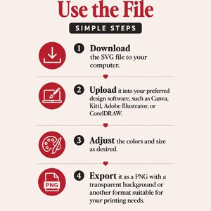 Pode incluir: Um gr&aacute;fico instrutivo intitulado How to Use the File com o subt&iacute;tulo SIMPLE STEPS. Lista quatro passos numerados: 1. Descarregar o ficheiro SVG, 2. Carregar no software de design, 3. Ajustar cores e tamanho, 4. Exportar como ficheiro PNG.