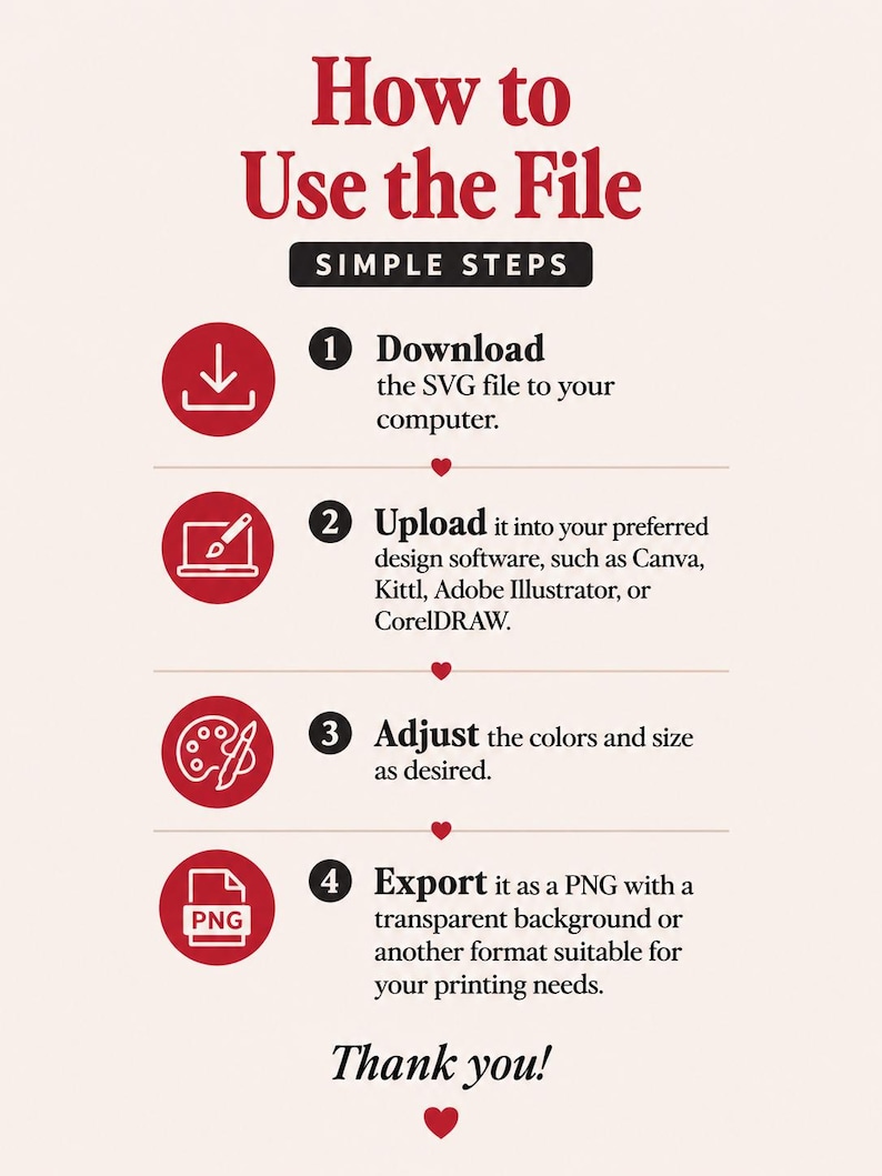 Pode incluir: Um gr&aacute;fico instrutivo intitulado How to Use the File com o subt&iacute;tulo SIMPLE STEPS. Lista quatro passos numerados: 1. Descarregar o ficheiro SVG, 2. Carregar no software de design, 3. Ajustar cores e tamanho, 4. Exportar como ficheiro PNG.