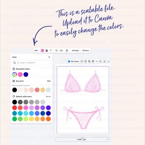 Pode incluir: Uma interface digital exibindo uma ilustra&ccedil;&atilde;o de linhas cor-de-rosa de um biqu&iacute;ni de duas pe&ccedil;as com bordas franzidas. A tela mostra um menu de sele&ccedil;&atilde;o de cores e ferramentas de edi&ccedil;&atilde;o com o texto: This is a scalable file. Upload it to Canva to easily change the colors.