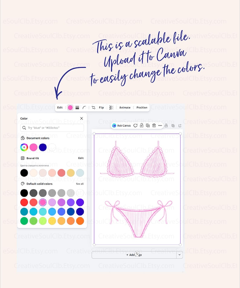 Pode incluir: Uma interface digital exibindo uma ilustra&ccedil;&atilde;o de linhas cor-de-rosa de um biqu&iacute;ni de duas pe&ccedil;as com bordas franzidas. A tela mostra um menu de sele&ccedil;&atilde;o de cores e ferramentas de edi&ccedil;&atilde;o com o texto: This is a scalable file. Upload it to Canva to easily change the colors.