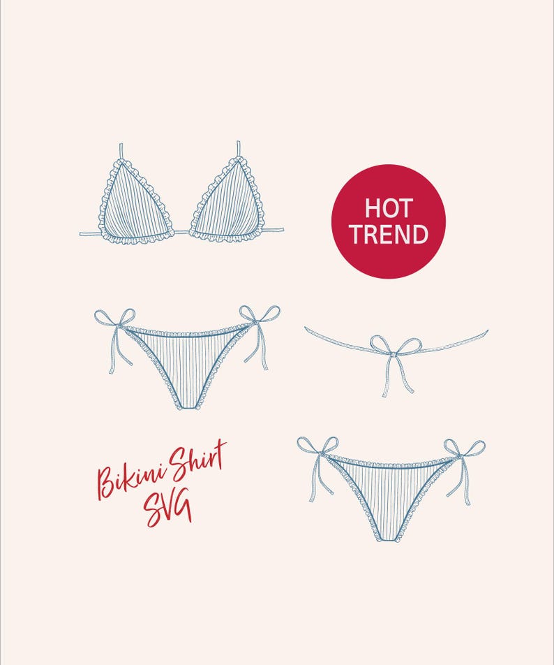 Pode incluir: Uma ilustra&ccedil;&atilde;o digital de um conjunto de biqu&iacute;ni com um top triangular com folhos e duas cuecas de biqu&iacute;ni com la&ccedil;os laterais em linhas azuis. Um c&iacute;rculo vermelho cont&eacute;m o texto branco HOT TREND, e o texto vermelho Bikini Shirt SVG &agrave; esquerda.
