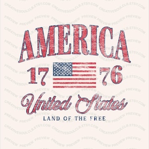 May include: A graphic design featuring the word AMERICA in distressed red letters, the numbers 17 and 76 flanking a United States flag, the words United States in a cursive font, and the text LAND OF THE FREE in a simple blue sans-serif font.