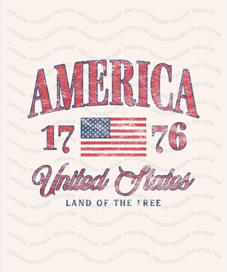 May include: A graphic design featuring the word AMERICA in distressed red letters, the numbers 17 and 76 flanking a United States flag, the words United States in a cursive font, and the text LAND OF THE FREE in a simple blue sans-serif font.