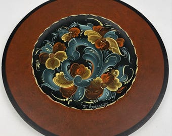 NORWEGIAN ROSEMALING Wood Plate Plaque Hand Painted One Of A Kind Signed 10”