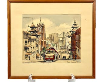 Pintura original en acuarela de Frank Serratoni: Tranvía número 8 del Barrio Chino de San Francisco