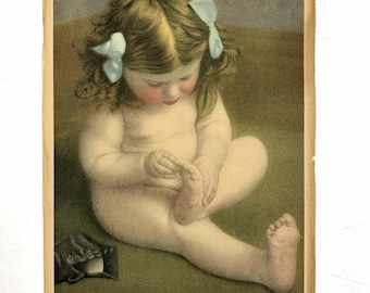 Antiek: This LITTLE PIGGY badtijd aquatint print kuiltjes 6 x 8"