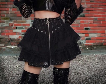 Gothic High Waist Skater Girl Mini Skirt, Edgy Alt Clothing, Unique Statement Goth Clothes, Punk Above Knee Skirt, Y2K Grunge Harajuku Skirt