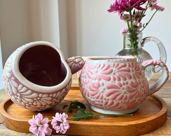 Pink Handmade Mexican Traditional Talavera Ceramic Heart Shaped  Mug - 18 oz