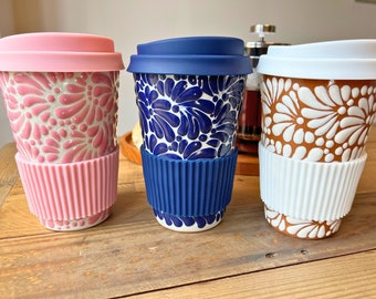 NEW COLORS! Handmade Mexican Traditional Talavera Ceramic Travel Mug with lid - 14 oz - Traditional Colors - Father's day gift