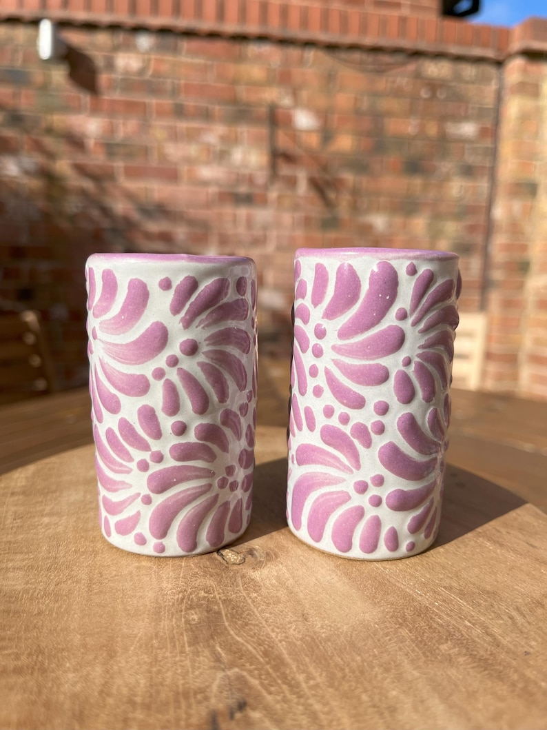 NEW! Mexican Tequila shot glass - Talavera Ceramic - Bachelorette shot glass, Hen & Stag do Shot Glasses, Bridesmaid gifts, wedding favors White and purple