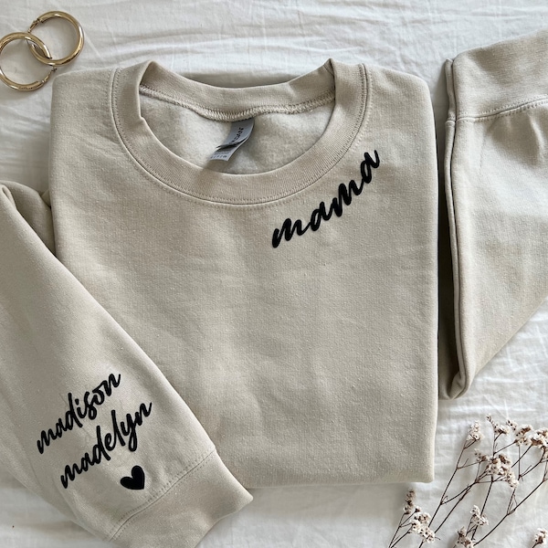 Personalized Mama Sweatshirt with Kid Names on Sleeve, New Mom Gift, Mothers Day Gift, Birthday Gift for Mom, Minimalist Sweater
