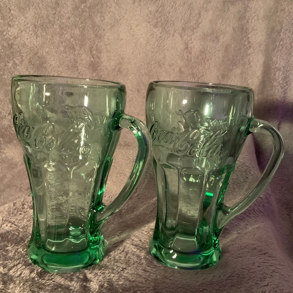 Vintage MCM Collectible Coke-a-Cola LIbby Green Glasses with Handle (Set of 2)