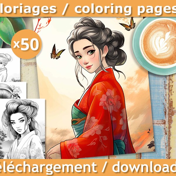Japanese Geisha Women, 50 adult coloring pages, Fashion, Clothing, Relaxation and Anti-stress, Immediate download, Printable PDF file.