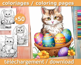 50 páginas para colorear, Gatos en la canasta de huevos, Libro para colorear para adultos y niños, Reducción del estrés, Descarga inmediata.