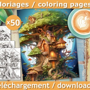 May include: A colorful illustration of a treehouse with multiple levels, stairs, and glowing windows. The image includes a stack of black and white coloring pages and a cup of coffee. Text at the top reads "coloriages / coloring pages" and at the bottom "téléchargement / download".
