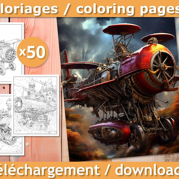 50 coloriages Avion Steampunk à imprimer, téléchargement numérique, style déco industriel, machine vapeur, Détente et Anti stress, PDF.
