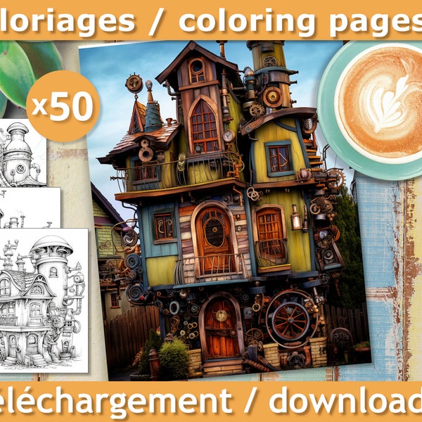 Livre de coloriages Steampunk à imprimer, 50 Coloriages Steampunk numériques, style industriel, machine vapeur, Détente et Anti stress, PDF.