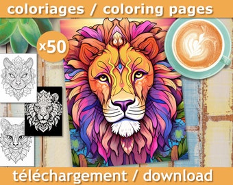 50 páginas para colorear, Mandala Animales, Libro para colorear para adultos, Relajación y reducción del estrés, Descargar, PDF imprimible.