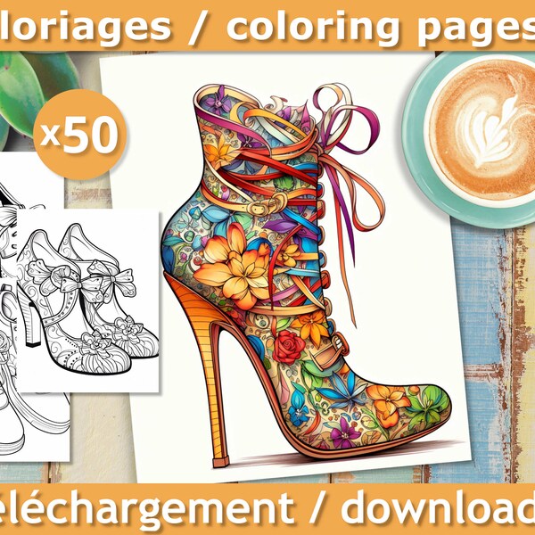 Fashion Shoes, 50 coloring pages for adults, Fashion, Clothes, Relaxation and Anti-stress, Immediate download, Printable PDF file.