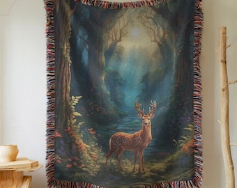Enchanted Forest Woven Blanket – 100% Cotton Nature Throw, Woodland Animal Tapestry, Cozy Cottagecore Home Decor