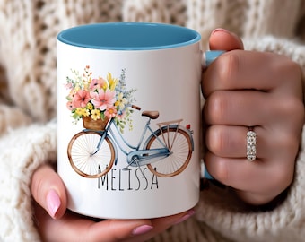 PERSONALISIERTE Fahrrad Akzent Kaffeetasse, CUSTOM Aquarell Design, Geschenk für Freunde und Familie, 11 Unze - Floral Bike Cup, Fahrrad-Liebhaber-Becher,