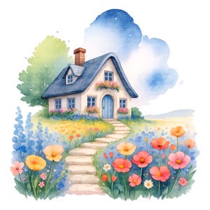 12 pequeñas cabañas en campos de flores, imágenes prediseñadas PNG • Gráficos de álbumes de recortes de cabañas para POD, sublimación, tarjetas • Paquete jpeg • PetalandTwigCrafts