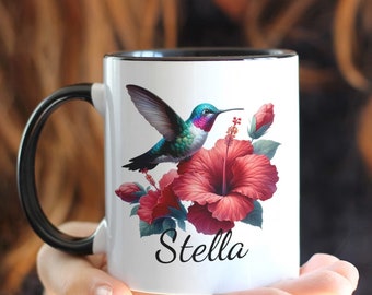 Personalized Watercolor Hummingbird Mug, Floral Ceramic Mug