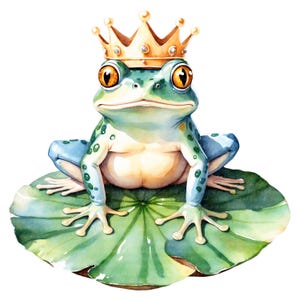 May include: Watercolor illustration of a frog wearing a gold crown, sitting on a lily pad. The frog is green and blue with large orange eyes. The lily pad is green with yellow accents.