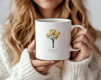 Birth Flower Mug, March Birth Flower Mug, Birth Flower Gifts,  Birth Flower Gifts For Women, Birth Flower Coffee Mug Cup