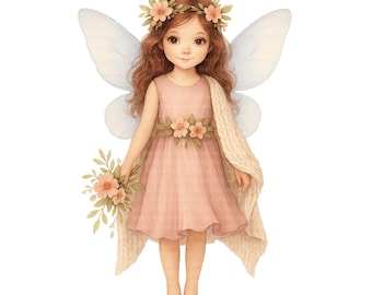 Puede incluir: Ilustración en acuarela de un hada con piel clara, cabello castaño y ojos grandes. Viste un vestido rosa adornado con flores, una corona de flores y lleva un ramo. Tiene grandes alas translúcidas y un chal color crema.