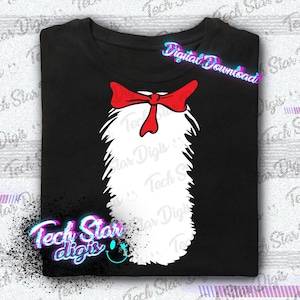 May include: A black t-shirt featuring a white and red design of a cat's face with a red bow tie. The design is a digital download.