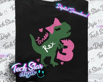 Three Rex Pink Bow Doodle Birthday Digital Download PNG