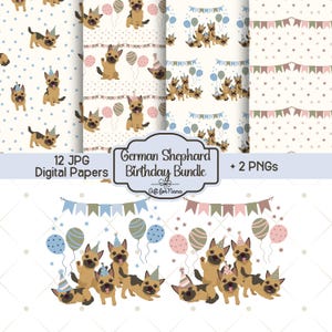 German Shepherd Birthday Bundle Patterns and PNGs, Dog Birthday Party Instant Download, 12 JPG Printable Digital Papers/ 2 Transparent PNGs