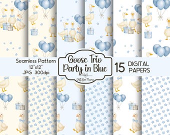 Goose Seamless Pattern: Blue Birthday Party Paper Pack (Digital Download)