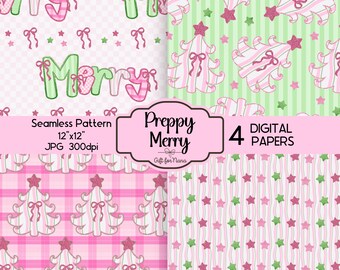 Preppy Christmas Seamless Pattern Bundle, Merry Bows and Trees Design in Pink and Green , JPG Instant Download Digital Paper