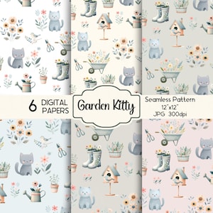Garten-Kitty-Katze-nahtlose Muster-Digital-Papier JPG, niedlicher Aquarell-Frühlings-Sommer-Gartenarbeit-Design mit gemütlichen Landhaus-Bauernhaus Grafiken