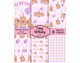 Pink Capybara Birthday Party Seamless Pattern (Digital Download, 12x12in, 300dpi, JPG)