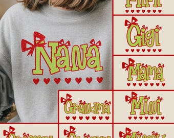 Cute Christmas Grandma Names PNG Bundle, Word Art in Bright Green and Red, Mama Mini Mimi Gigi Nana Granny Grammy Mamaw Grandma