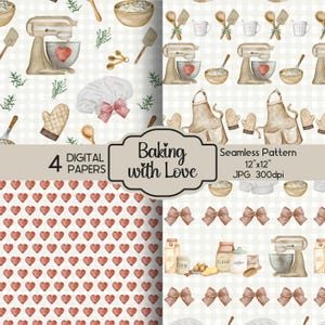 Könnte beinhalten: Digitale Papiere mit Aquarellillustrationen von Backwerkzeugen, Zutaten und Mustern. Enthält Küchenmaschinen, Schüsseln, Schürzen und herzförmige Designs. Der Text lautet "Baking with Love" und "Nahtloses Muster 30.48cm x 30.48cm JPG 300dpi".