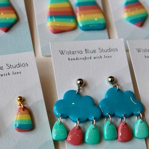 Rainbow Dream — Polymer clay earrings with rainbows and retro colors; includes stars, moons, clouds, and more