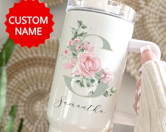 Personalized Floral Initial Tumbler: Custom Name 40oz Insulated Travel Mug