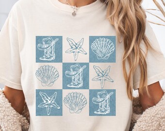 Comfort Colors Coastal Cowgirl T-Shirt: Cowboy Boots & Seashells